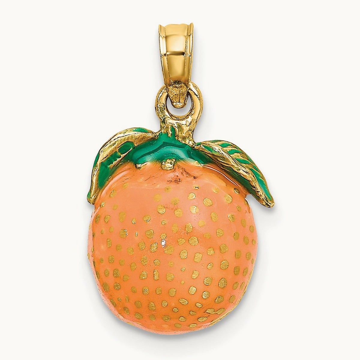 W/ Enamel 3-D Orange With Stem and Leaf Charm, 14K