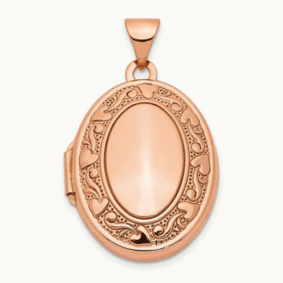 Heart Design Border Oval Locket, 21mm, 14K Rose Gold