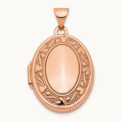 Heart Design Border Oval Locket, 21mm, 14K Rose Gold