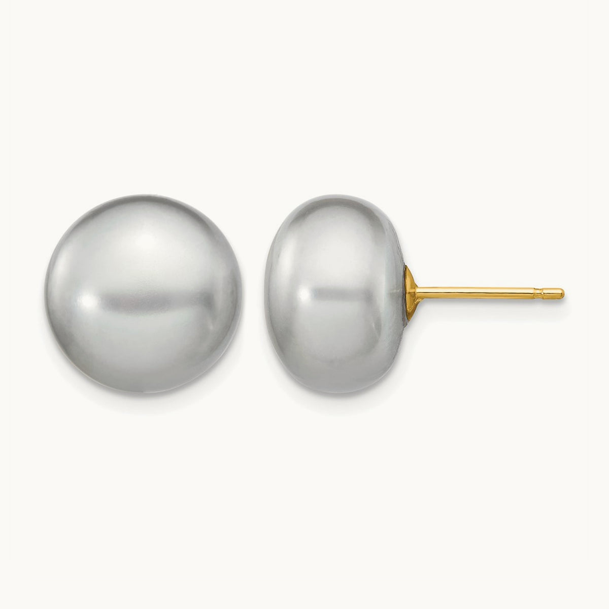 11- Grey Button FW Cultured Pearl Stud Post Earrings, 12mm, 14K