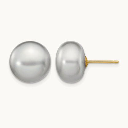 11- Grey Button FW Cultured Pearl Stud Post Earrings, 12mm, 14K
