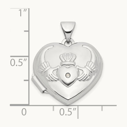 Diamond Heart Claddagh Locket, 14K White Gold