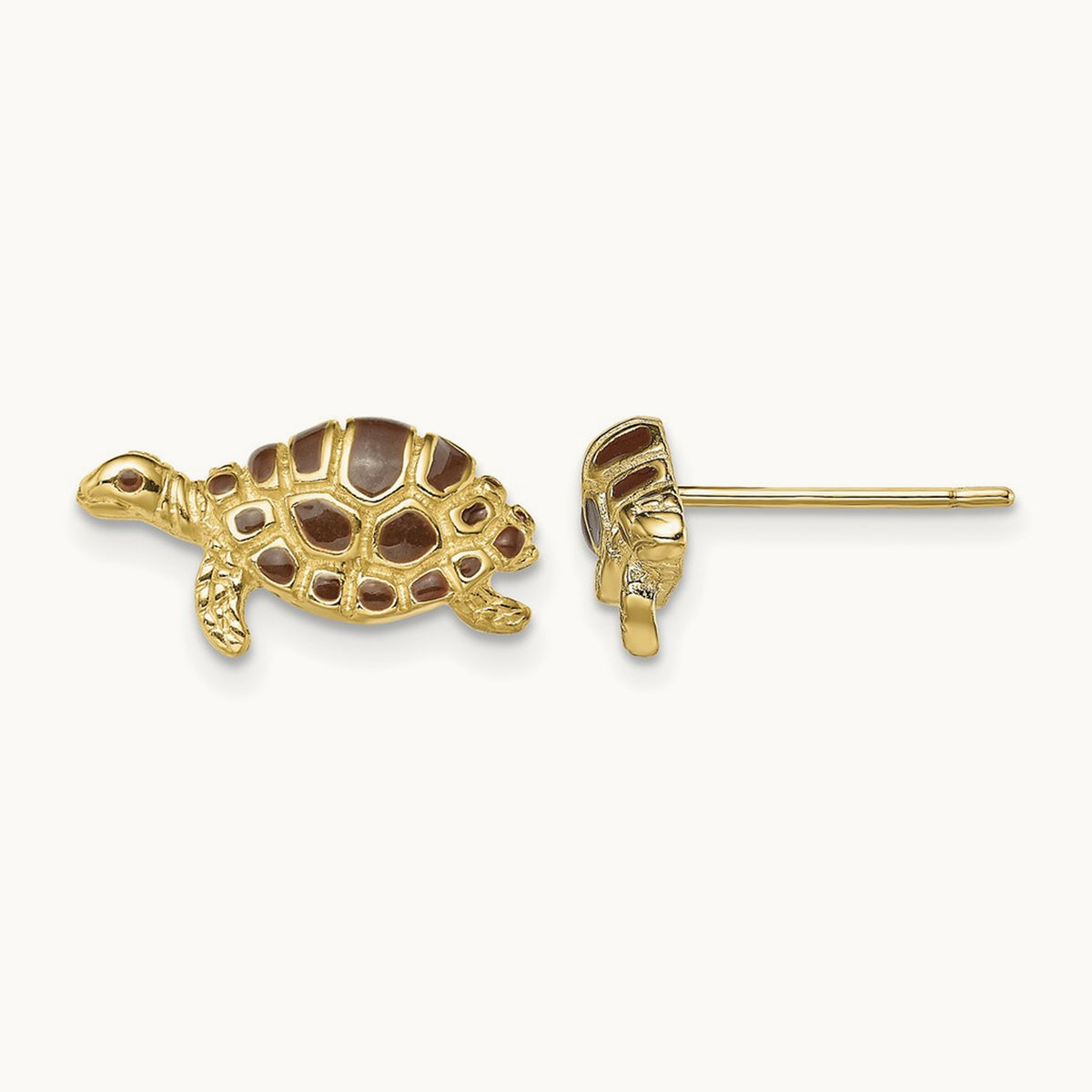 Brown Enamel Turtle Post Earrings, 14K