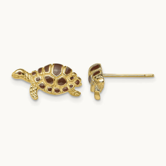 Brown Enamel Turtle Post Earrings, 14K