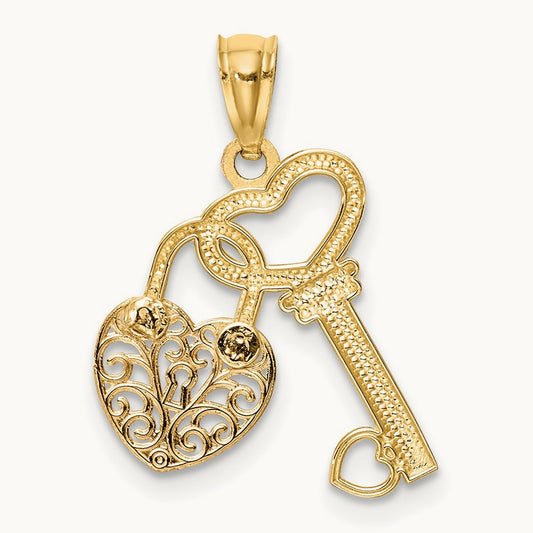 Polished Filigree Heart Lock and Diamond-cut Key Charm, 14K Two-tone