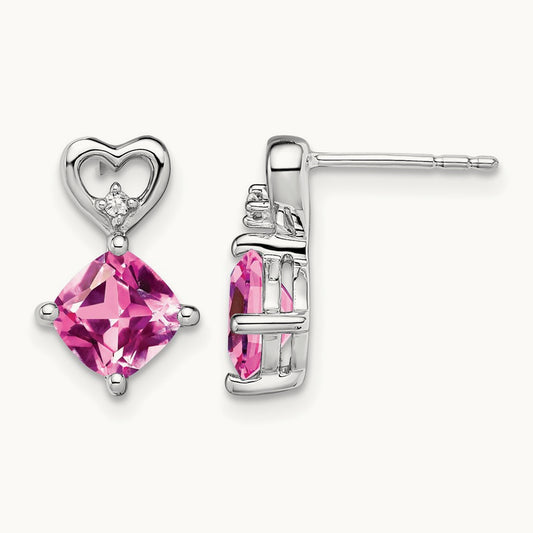 Created Pink Sapphire and Diamond Heart Earrings, 14K White Gold