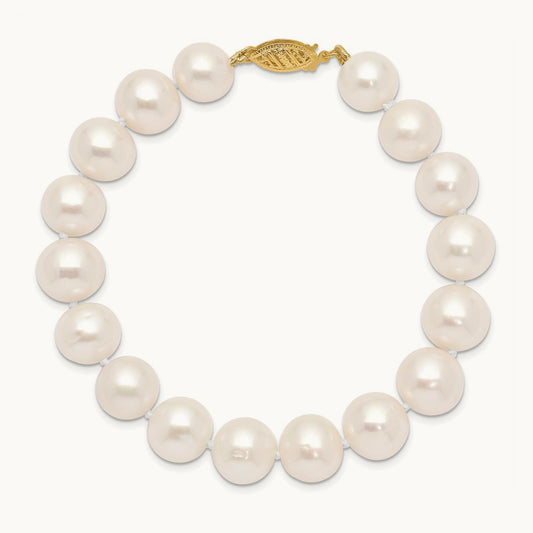 10- White Near Round Freshwater Cultured Pearl Bracelet, 11mm, 14K