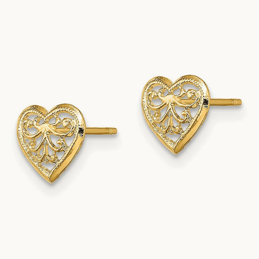 Filigree Heart Post Earrings, 14K