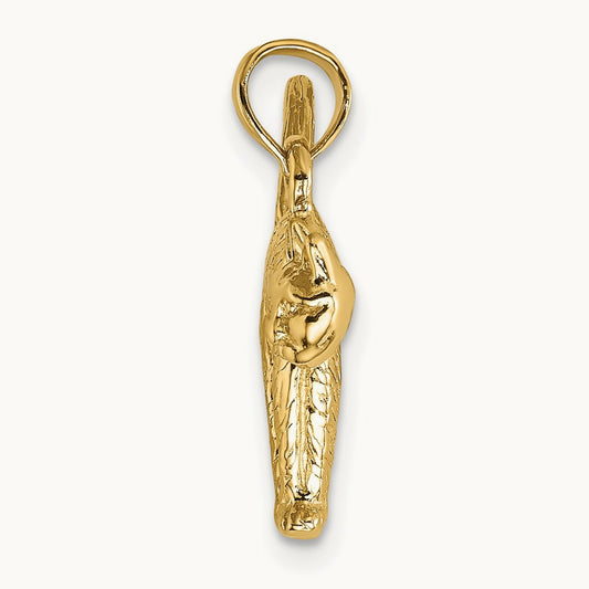 3-D Textured Arch Back and Raised Tail Cat Charm, 14K