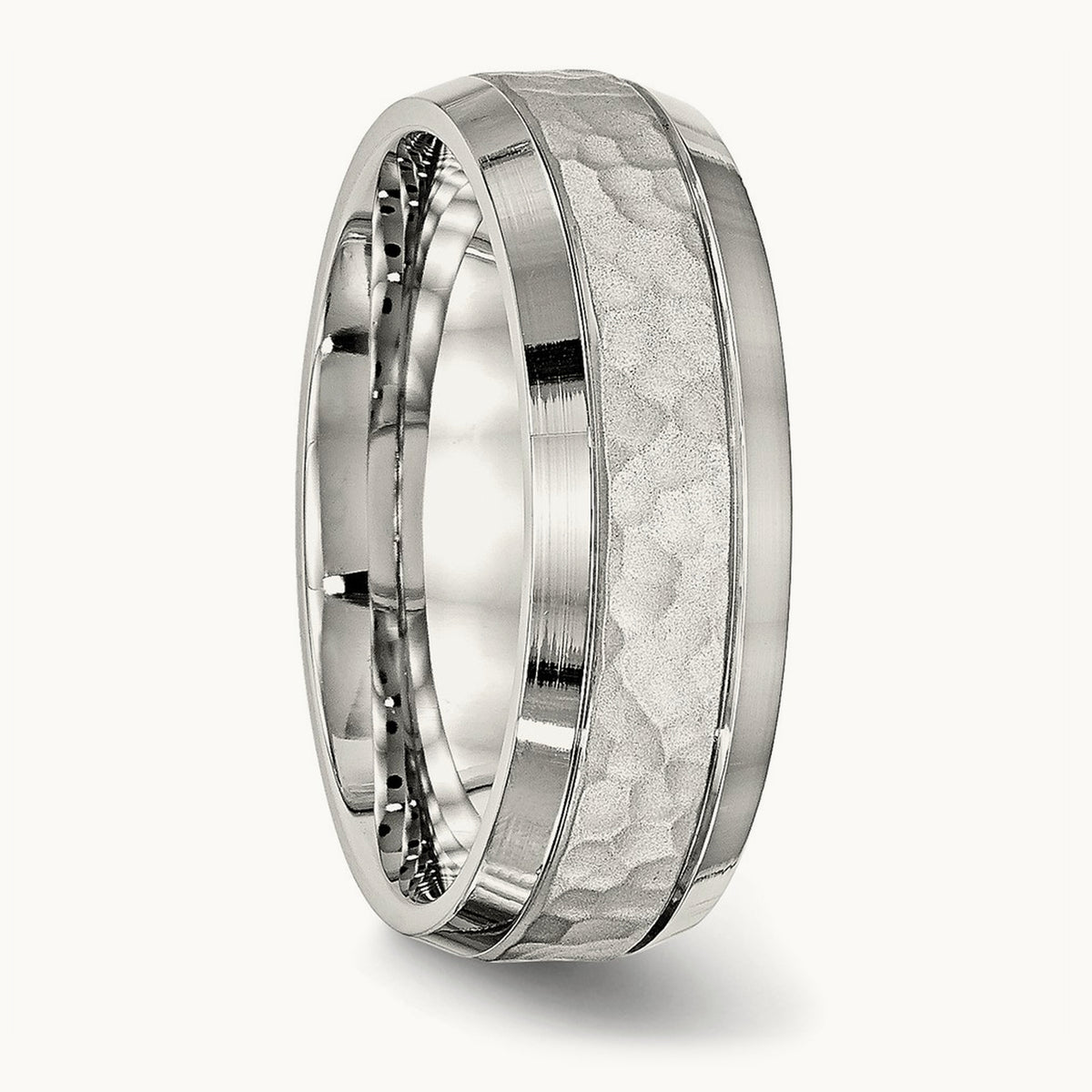 Brushed Polished and Hammered Band, 7.5mm, Stainless Steel