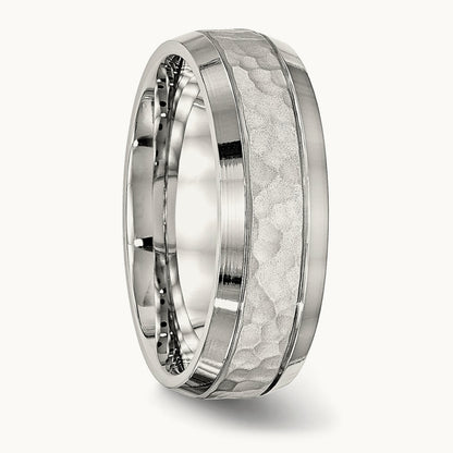 Brushed Polished and Hammered Band, 7.5mm, Stainless Steel