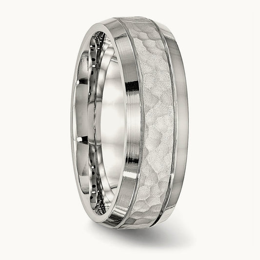 Brushed Polished and Hammered Band, 7.5mm, Stainless Steel