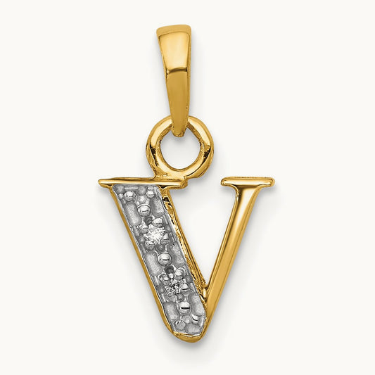 Diamond Letter V Initial Pendant, 14K Yellow Gold with Rhodium