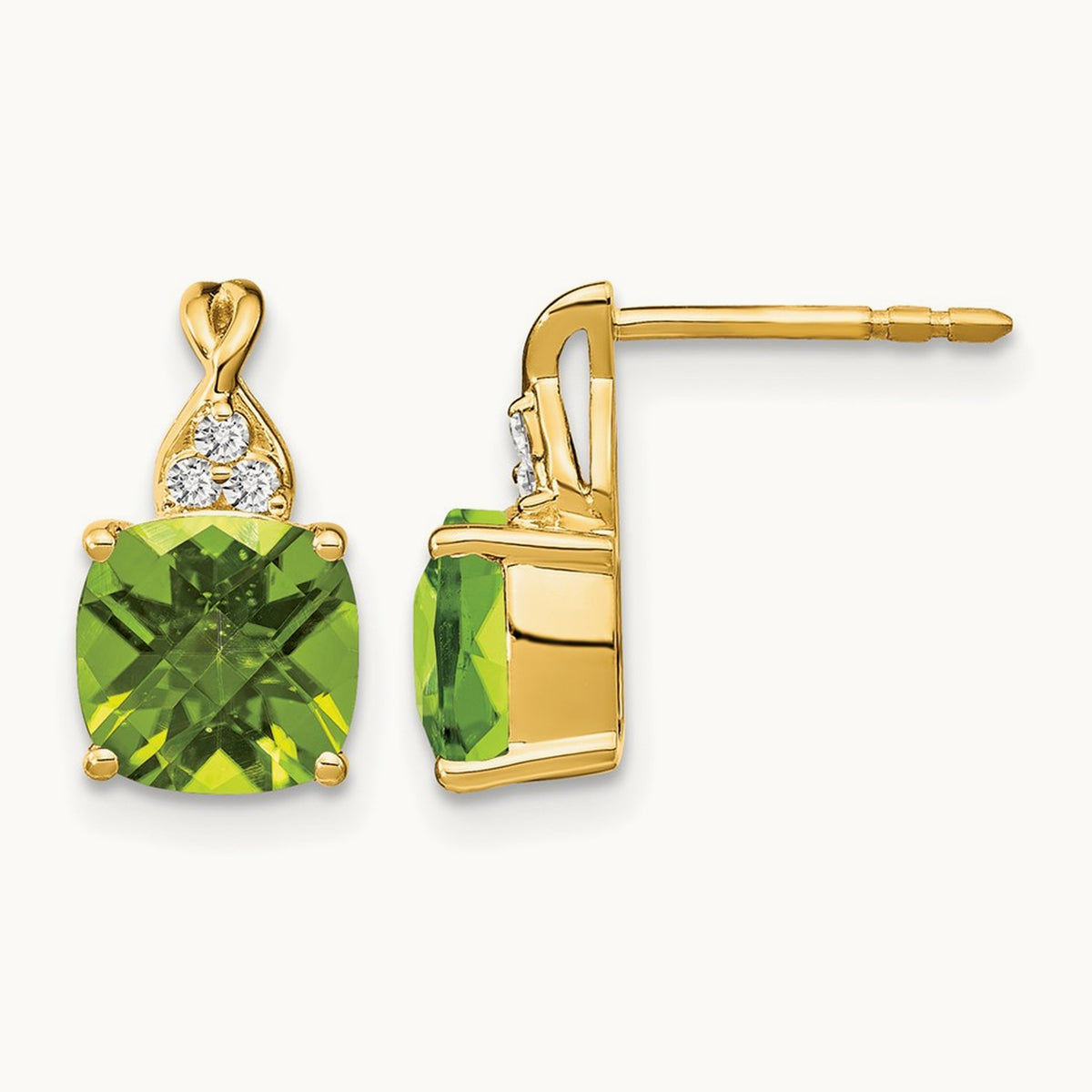 Checkerboard Peridot and Diamond Earrings, 14K