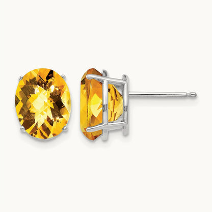 10x8mm Oval Citrine Checker Earrings, 14K White Gold