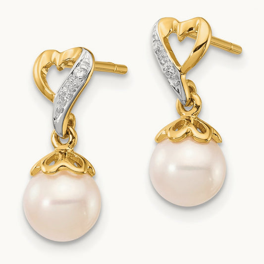 6- Round FWC Pearl .01ct Heart Diamond Dangle Earrings, 7mm, 14K