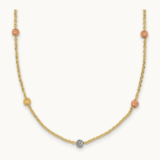 Tri-color Polished & D/C Beaded Necklace, 14K
