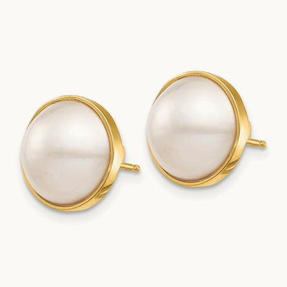 10- White Mabe Saltwater Cultured Pearl Post Earrings, 11mm, 14K