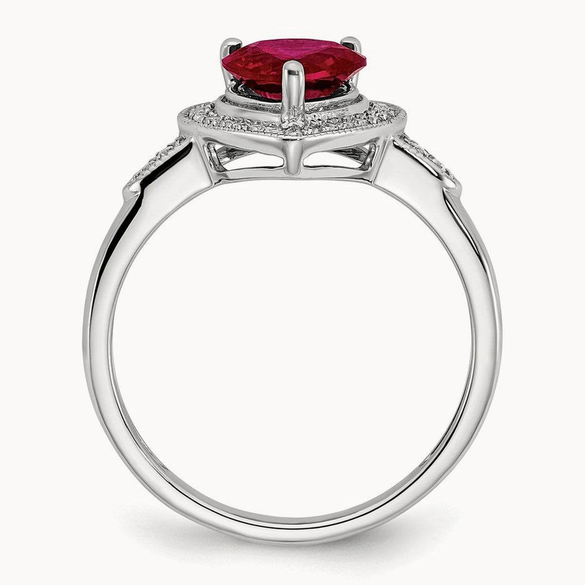 Heart Created Ruby and Diamond Halo Ring, 14K White Gold
