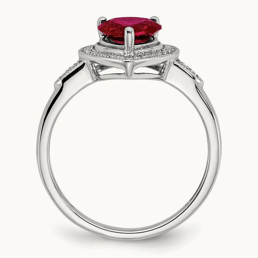 Heart Created Ruby and Diamond Halo Ring, 14K White Gold