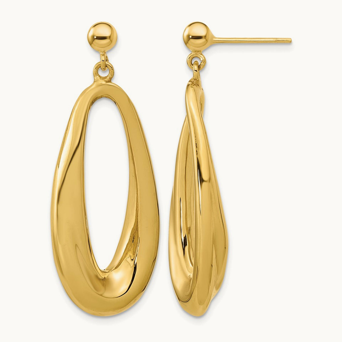 Polished Hollow Oval Hollow Post Dangle Earrings, 14K