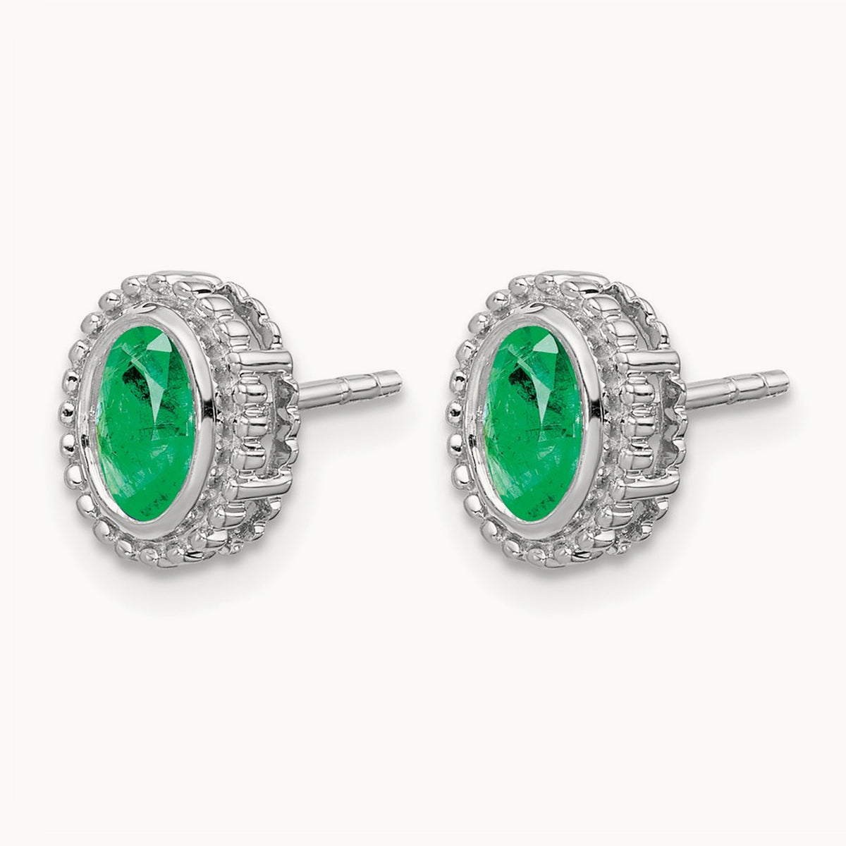 Oval Emerald Post Earrings — 14K White Gold