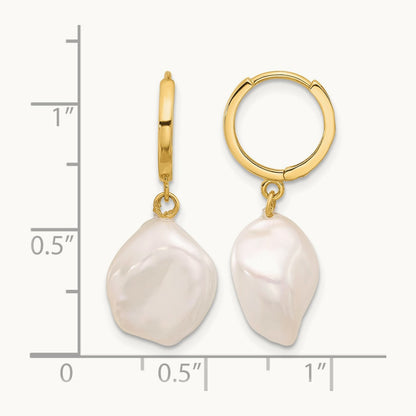 11- White Keshi Freshwater Cultured Pearl Dangle Hoop Earrings, 12mm, 14K