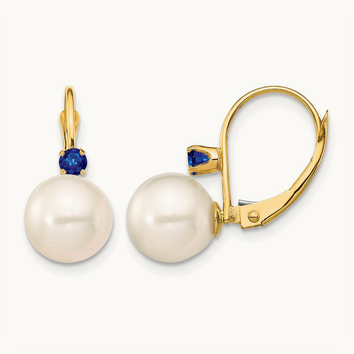 8- White Round FWC Pearl Sapphire Leverback Earrings, 8.5mm, 14K