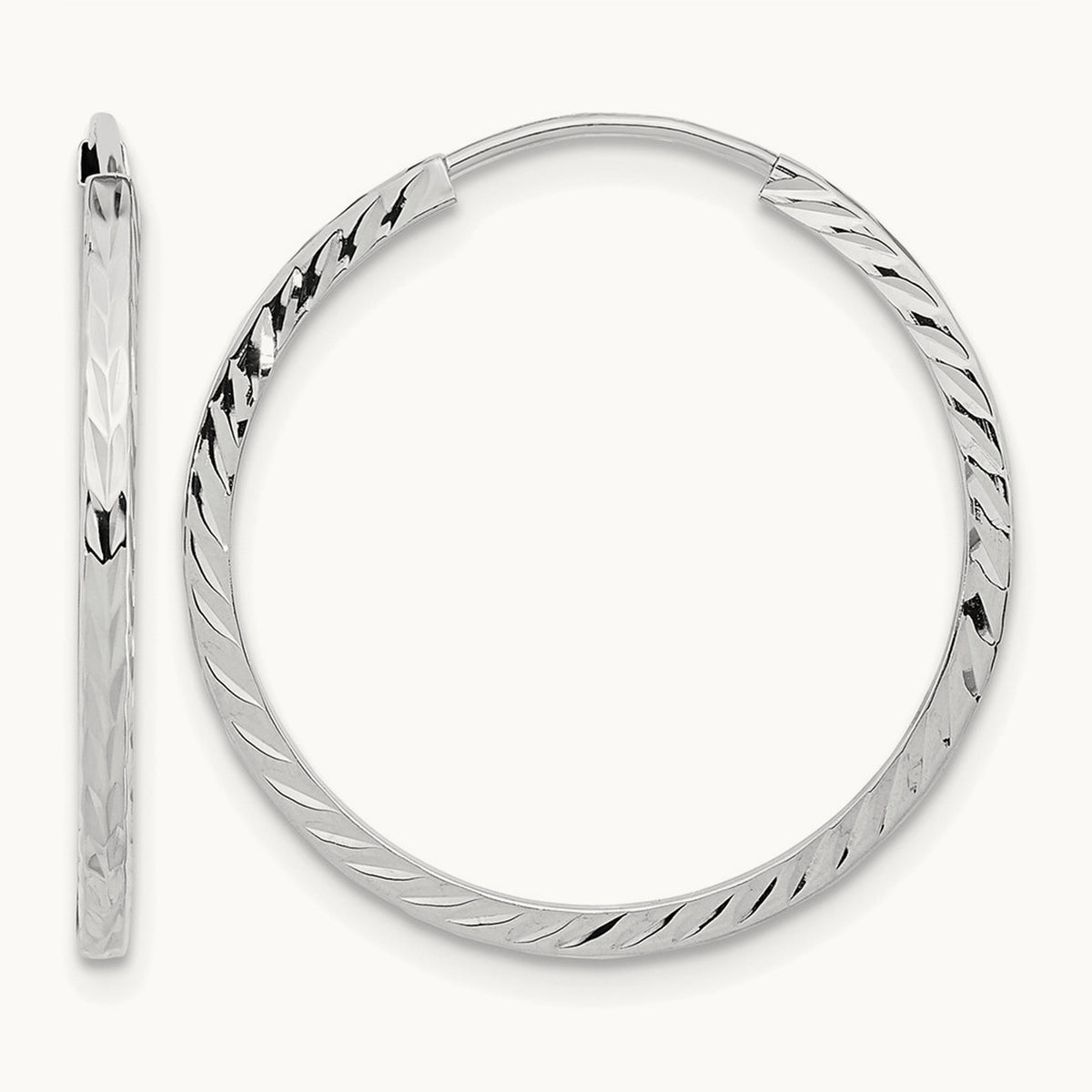 Diamond-cut Square Tube Endless Hoop Earrings — 14K White Gold