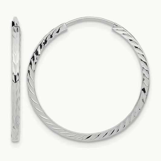 Diamond-cut Square Tube Endless Hoop Earrings — 14K White Gold