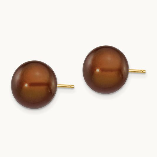 10- Brown Button Freshwater Cultured Pearl Stud Post Earrings, 11mm, 14K