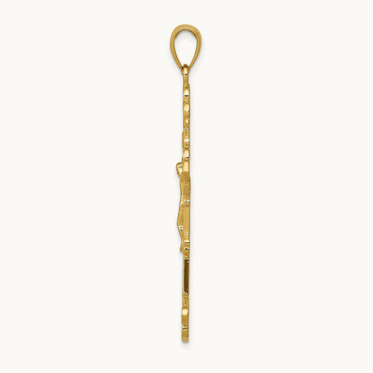 Polished Textured INRI Crucifix Fleur de Lis Pendant — 14K Yellow Gold