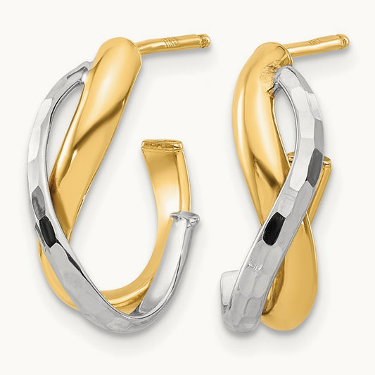 w/Rhodium Polished/Diamond-cut J-Hoop Post Earrings, 14K — Leslie's