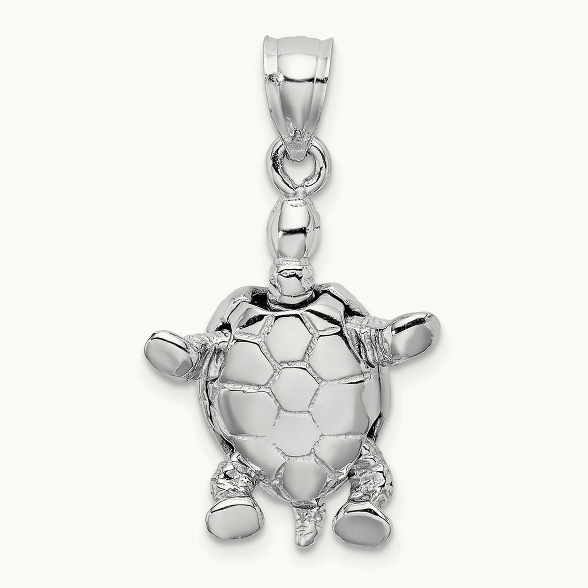 Solid Polished 3-D Moveable Turtle Pendant — 14K White Gold, 19.3mm
