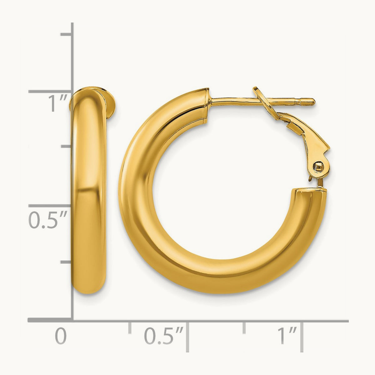Polished Round Omega Back Hoop Earrings — 14K Yellow Gold, 4x23mm
