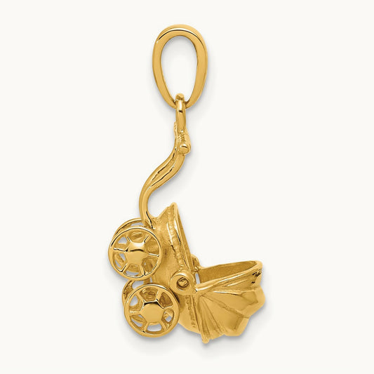 3D Baby Carriage Charm, 14K