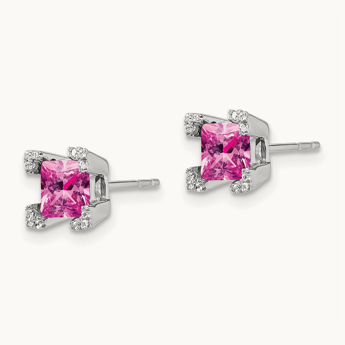 Square Created Pink Sapphire and Diamond Earrings, 14K White Gold