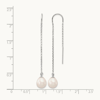 7- White Teardrop FW Cultured Pearl Threader Earrings, 8mm, 14K White Gold