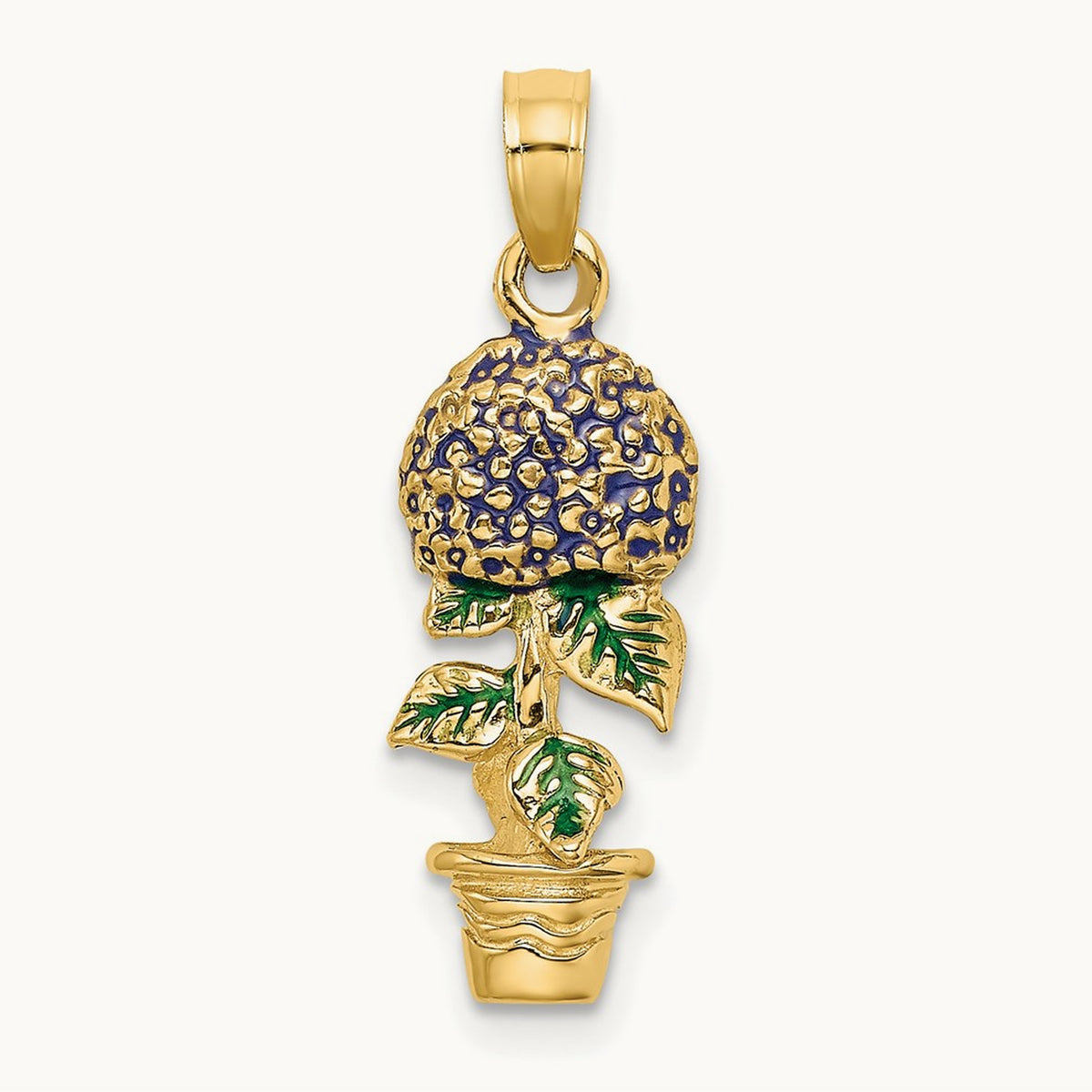 3-D Enameled Lavender Hydrangea Flowers In Pot Charm, 14K