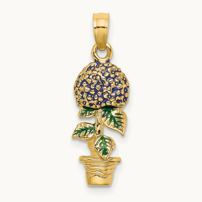 3-D Enameled Lavender Hydrangea Flowers In Pot Charm, 14K