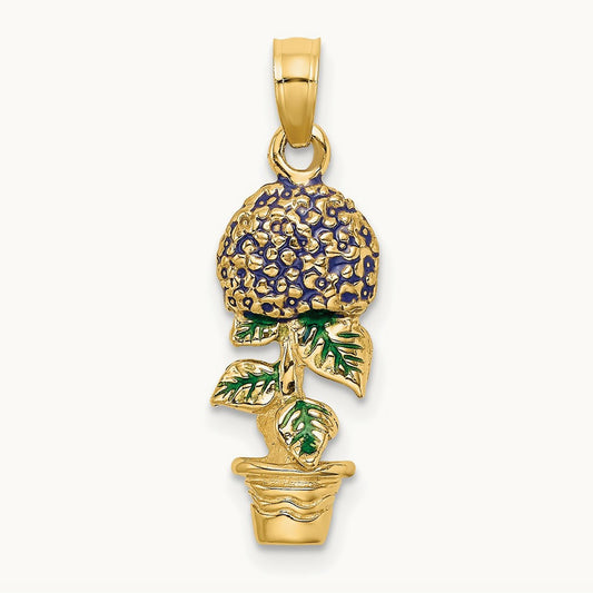 3-D Enameled Lavender Hydrangea Flowers In Pot Charm, 14K