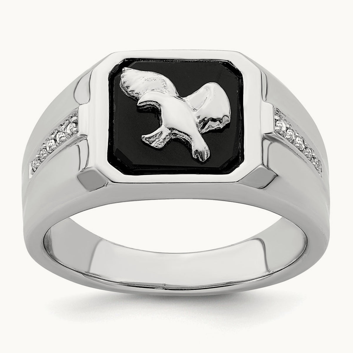 Onyx and Diamond Eagle Men's Ring — 14K White Gold