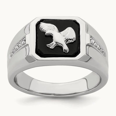 Onyx and Diamond Eagle Men's Ring — 14K White Gold