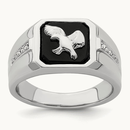 Onyx and Diamond Eagle Men's Ring — 14K White Gold