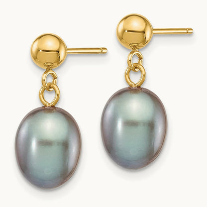 7- Grey Rice Freshwater Cultured Pearl Post Dangle Earrings, 8mm, 14K