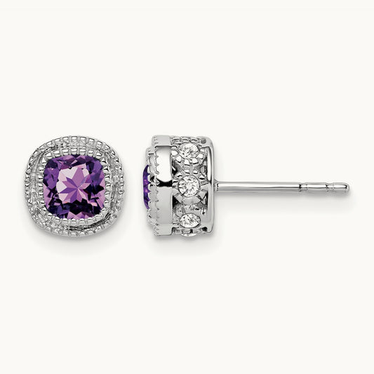 Cushion Amethyst and Diamond Earrings — 14K White Gold