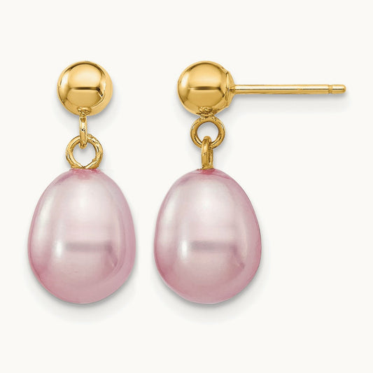 7- Purple Rice Freshwater Cultured Pearl Post Dangle Earrings, 8mm, 14K