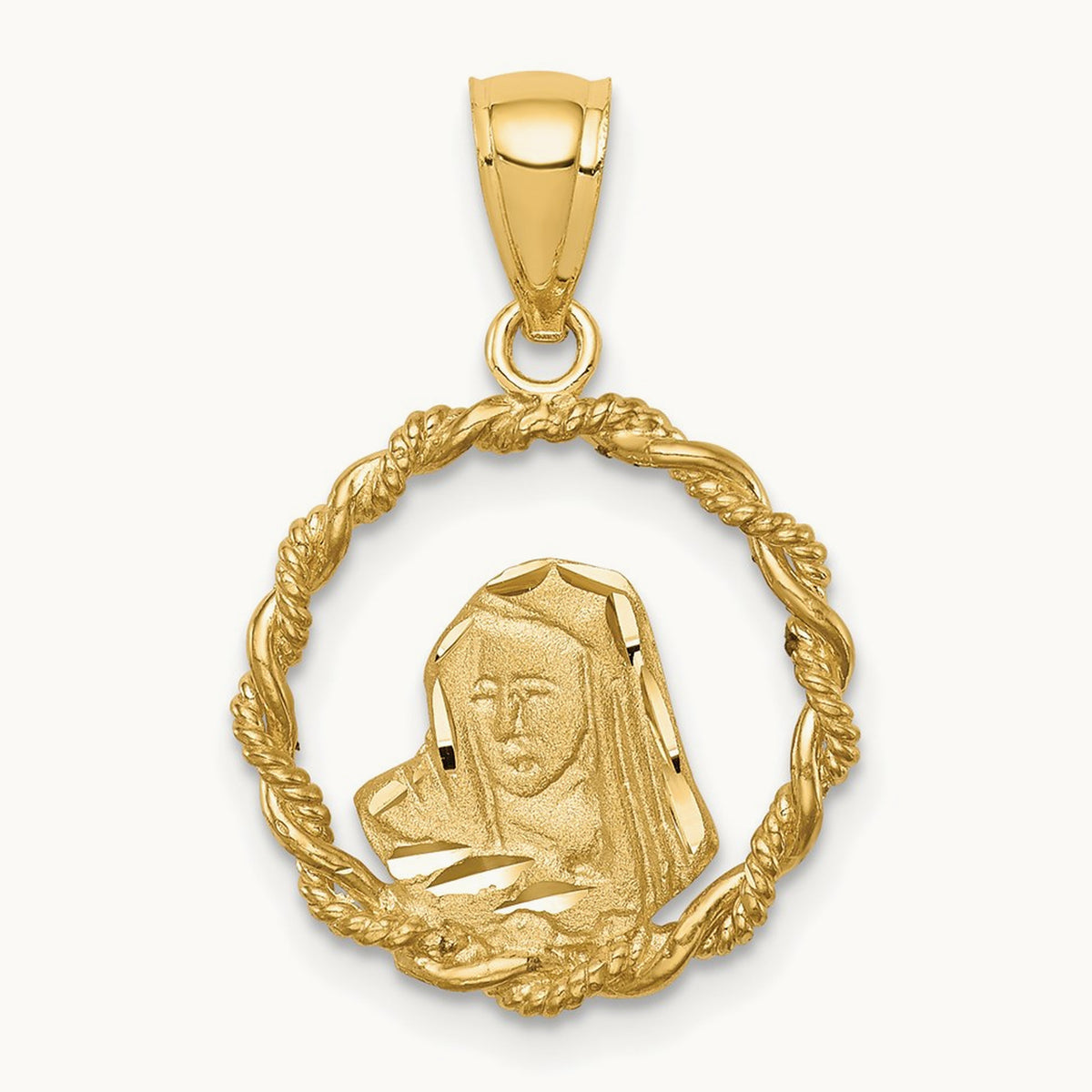 Brushed & Polished Diamond-cut Virgin Mary Pendant — 14K Yellow Gold