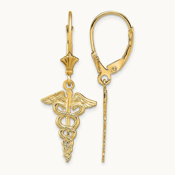 Caduceus Leverback Earrings, 14K