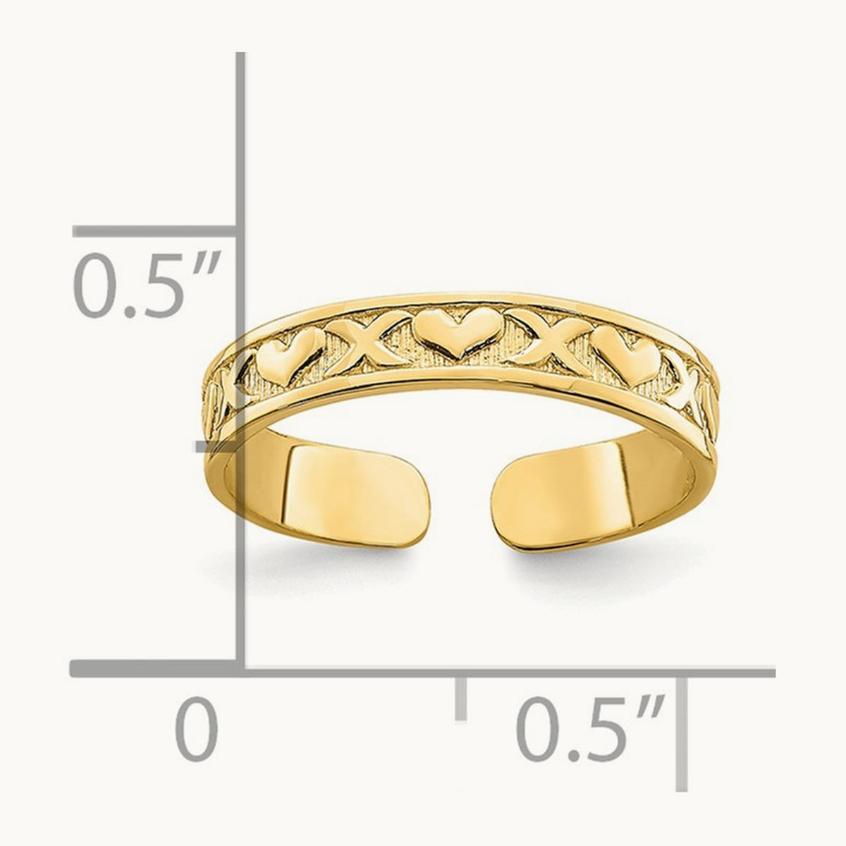 Small X and Hearts Adjustable Toe Ring — 14K Yellow Gold